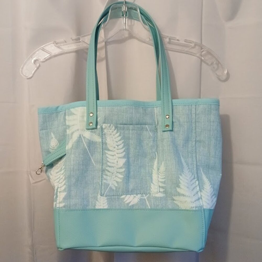 New Leaf print Faux Leather Tote Shopper shoulder Bag Aqua White fall Carryall